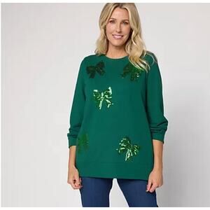 Jingle Belles by Kim Gravel Sequin Bow Knit Top In Green Size XL $67